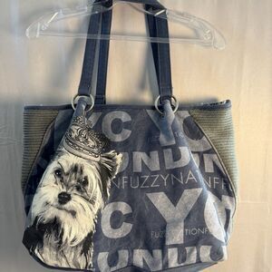 Fuzzy Nation Yorkie Dog Print Tote Bag Denim Blue Casual Handbag